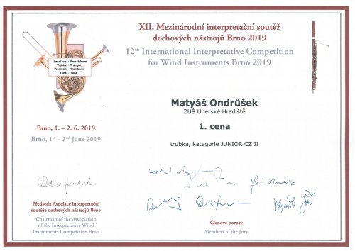 1. místo | v Mezinárodní interpretační soutěži dechových nástrojů Brno 2019